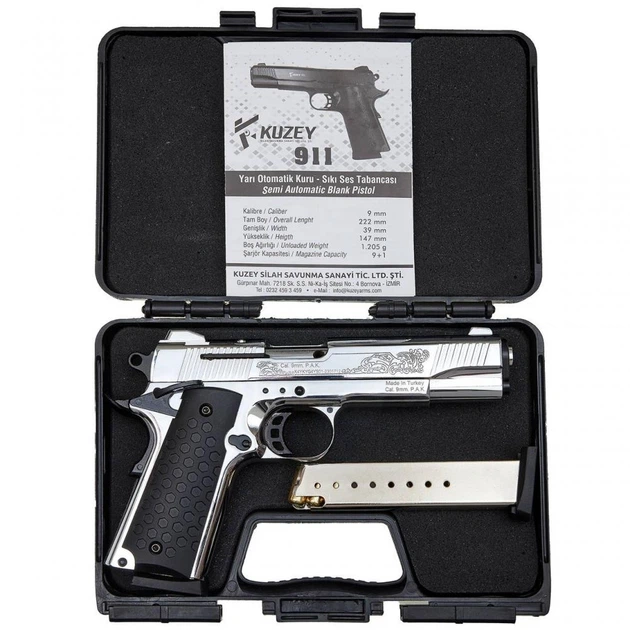 Стартовый пистолет Kuzey Arms 911#6 Matte Chrome Plating Engraved/Black Grips - изображение 3