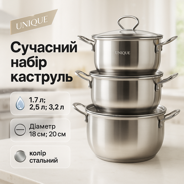Набор кастрюль из нержавеющая стали с крышками UNIQUE UN-5074, набор посуды для электрических плит - Фото 1 Набор кастрюль из нержавеющая стали с крышками UNIQUE UN-5074, набор посуды для электрических плит - изображение 1