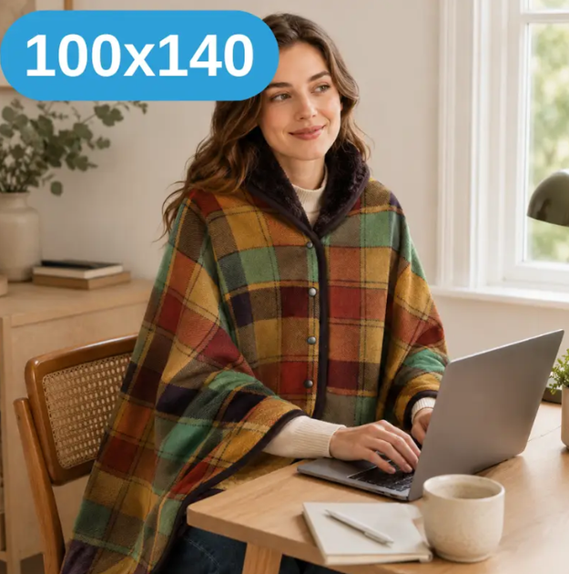 Плед-халат-шаль 100×140 см One size - теплая нежная накидка-плед в клетку на кнопках, двухсторонняя разноцветная клетка KT9000902 - изображение 3