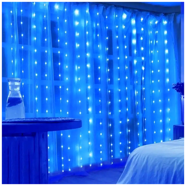 Гирлянда штора светодиодная 300LED 3x3м 8 режимов синий прозрачный шнур для внутреннего использования SQ-27304 - изображение 4
