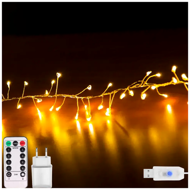 Гирлянда 10м 500 LED теплый белый USB и сеть 220В 8 режимов IP44 Роса Фейерверк SQ-28381 - изображение 2
