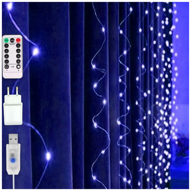 Гирлянда штора 1,8x1,2м 144 LED USB и сеть 220В 8 режимов синяя Роса с пультом управления SQ-26777 - изображение 2