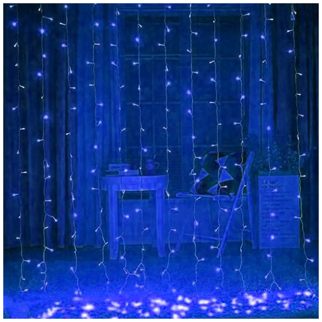 Гирлянда штора светодиодная 300LED 3x3м 8 режимов синий прозрачный шнур для внутреннего использования SQ-27304 - изображение 3