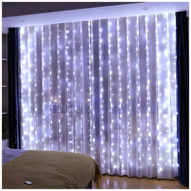 Гирлянда штора светодиодная 1,8x1,2м 120LED 12 нитей прозрачный шнур 8 режимов для декора интерьера SQ-27294 - изображение 9