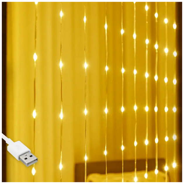 Гирлянда штора водопад 2х2м 160 LED USB теплый белый 8 режимов IP44 SQ-26801 - изображение 2