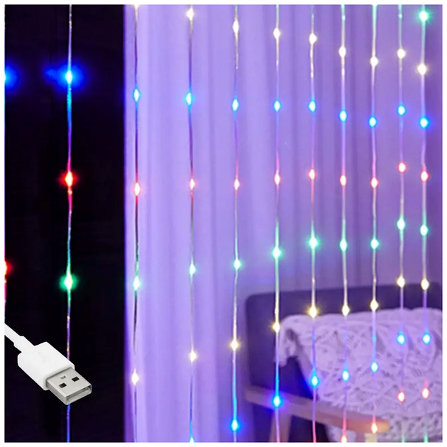 Гирлянда штора Водопад-роса 2x1.6м 128 LED USB 8 режимов для создания праздничной атмосферы SQ-26794 - изображение 2