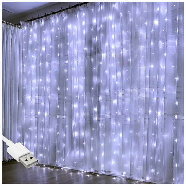 Гірлянда штора 400 LED 3x2м USB холодний білий 8 режимів IP44 для прикрашування приміщень Роса SQ-26761 - зображення 2