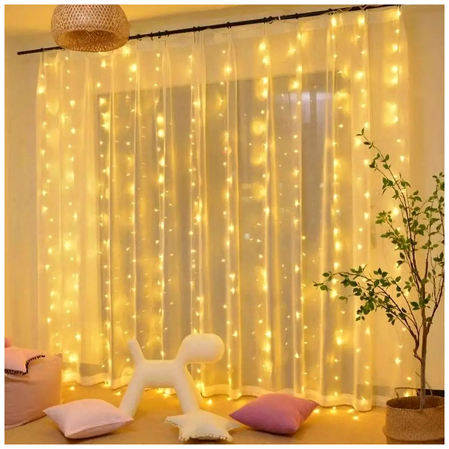 Гирлянда штора светодиодная 300LED 3x3м 8 режимов теплый белый прозрачный шнур для декора помещений SQ-27306 - изображение 2