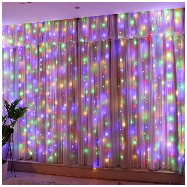 Гірлянда штора світлодіодна 3x2м 200 LED 12 ниток прозорий шнур 8 режимів Мультиколор для інтер'єру SQ-27300 - зображення 2