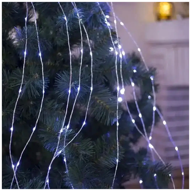 Светодиодная гирлянда 200 LED 10 нитей по 2м холодный белый USB батарейки для новогоднего декора Конский хвост SQ-28827 - изображение 4