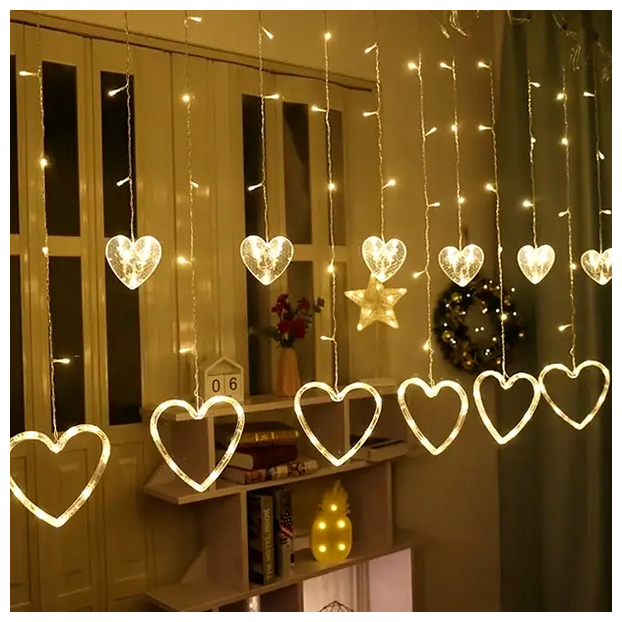 LED гирлянда штора 3х1м 12 фигурок 220В 8 режимов теплый белый для романтического декора SQ-27440 - изображение 2