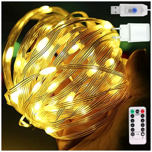 Гирлянда нить 10м 100 LED 1Вт теплый белый IP65 пульт ДУ 8 режимов USB и сеть 220В "Роса Люкс" SQ-26618 - изображение 2