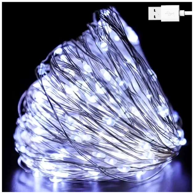 Гирлянда нить 300 LED 30м USB 5V 3Вт 8 режимов белый IP44 для декора помещений SQ-26632 - изображение 2