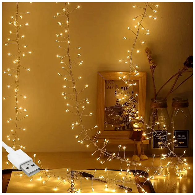 Светодиодная гирлянда штора 3x0.6м 200 LED USB теплый белый 8 режимов для декора интерьера Фейерверк SQ-26710 - изображение 2