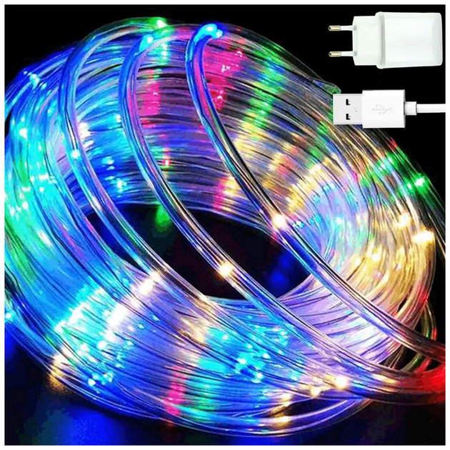 Гирлянда светодиодная 100 LED 10м 2 Вт USB 220V 8 режимов IP65 для улицы силиконовая трубка модель Роса SQ-26303 - изображение 2