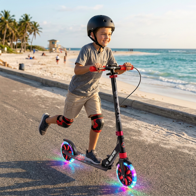 Самокат двухколесный складной черный с светящимися колесами 200мм Scooter Pusher 5351 Black - изображение 9