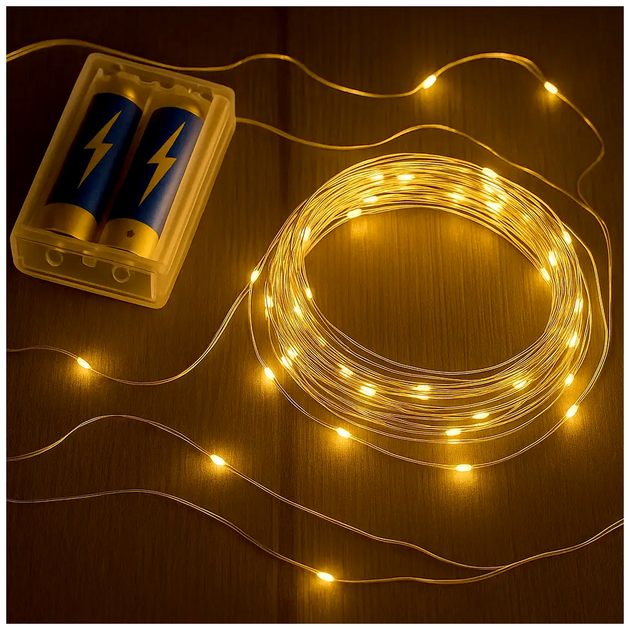 Світлодіодна гірлянда 50 LED 5 м теплий білий на батарейках для декору кімнат і заходів модель Роса SQ-28800 - зображення 2