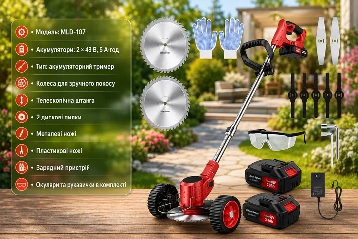 Аккумуляторная газонокосилка-триммер Grandio MLD-107 48В с 2 аккумуляторами и колесами - Фото 4 Аккумуляторная газонокосилка-триммер Grandio MLD-107 48В с 2 аккумуляторами и колесами - изображение 4