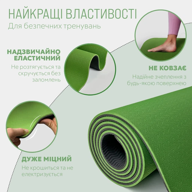 Коврик для йоги и фитнеса ProDobro TPE+TC двухслойный 183х61 см 6 мм с чехлом, зеленый - Фото 3 Коврик для йоги и фитнеса ProDobro TPE+TC двухслойный 183х61 см 6 мм с чехлом, зеленый - изображение 3