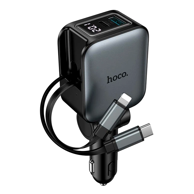 Автомобильное зарядное устройство Hoco Z67A Triunfar PD60W с двумя телескопическими кабелями черное - изображение 4