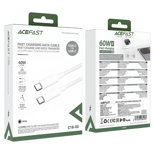 Кабель Acefast C18-03 Type-C — Type-C 60W 1.2 м плетеный белый - изображение 5