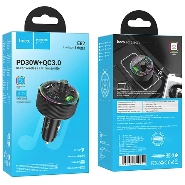 FM модулятор Hoco E82 Guerrero с автозарядкой PD 30W QC 3.0 2xUSB Type-C LED дисплей чёрный - изображение 6