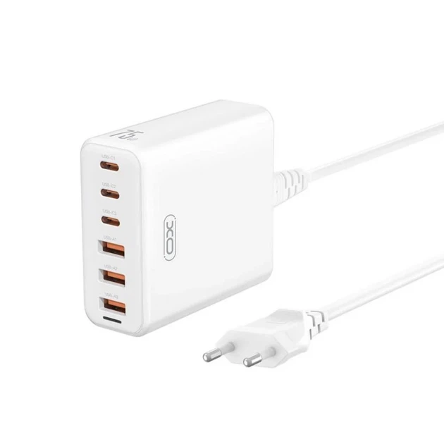 Сетевое зарядное устройство XO L133 GaN 75W на 3 USB и 3 Type-C с кабелем белое - Фото 1 Сетевое зарядное устройство XO L133 GaN 75W на 3 USB и 3 Type-C с кабелем белое - изображение 1