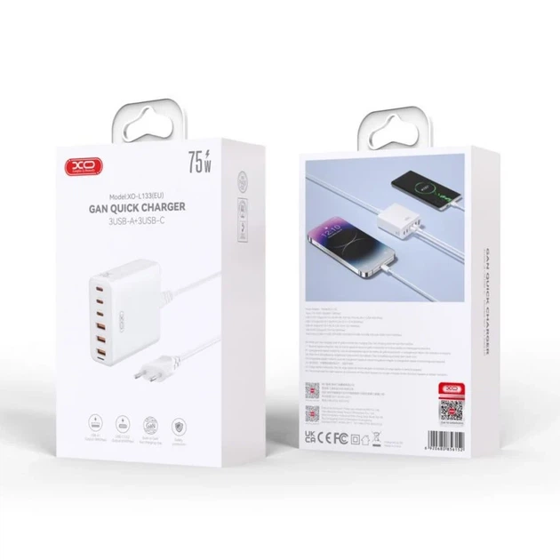 Сетевое зарядное устройство XO L133 GaN 75W на 3 USB и 3 Type-C с кабелем белое - Фото 2 Сетевое зарядное устройство XO L133 GaN 75W на 3 USB и 3 Type-C с кабелем белое - изображение 2