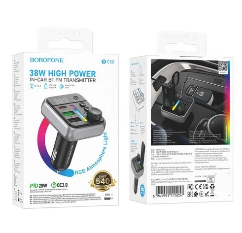 FM-модулятор BOROFONE BC50 Bluetooth + Fast Charger 38W + PD Чорний - изображение 3