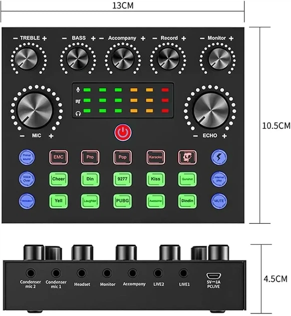 Портативная звуковая карта V8S Plug and Play на 2 микрофона с эффектами смены голоса для эфиров, подкастов и стриминга - изображение 3