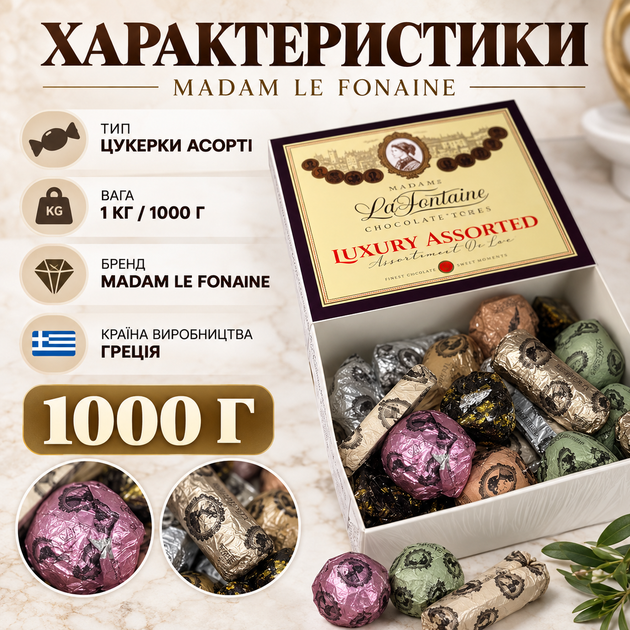 Конфеты ассорти 1 кг шоколадные сладости Madam Le Fonaine набор лакомств шоколад подарочный бокс десерт к чаю для подарка праздника гостей праздничного стола - изображение 2