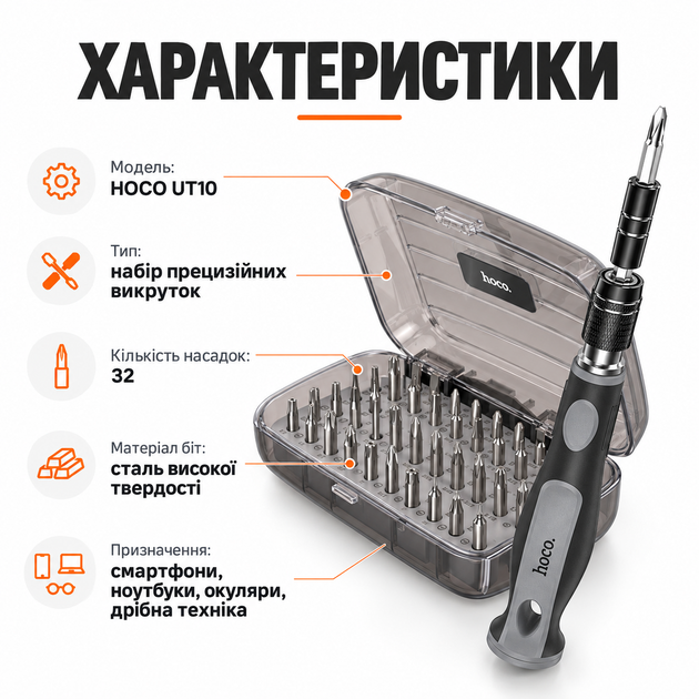 Набор магнитных отверток, многофункциональный, HOCO UT10 32 в 1, Отвертка с насадками, Набор бит для ремонта техники - изображение 4
