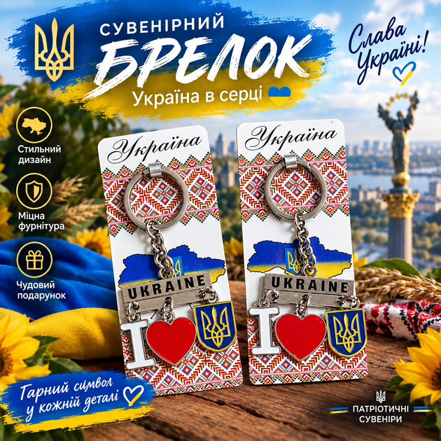 Патриотический брелок Украина "I LOVE UKRAINE" с трезубом и сердцем - сувенирный брелок на ключи - изображение 2