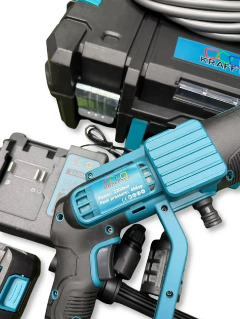 Аккумуляторная мойка высокого давления Krafftec Germany PRO 48 В 8 А·ч 45 бар ручная автомойка 330 л ч бесщеточная минимойка с 2 АКБ самовсасыванием воды шлангом фильтром пенной насадкой кейсом синяя для автомобиля велосипеда сада дачи - изображение 9