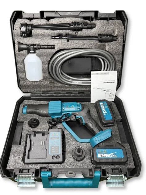 Аккумуляторная мойка высокого давления Krafftec Germany PRO 48 В 8 А·ч 45 бар ручная автомойка 330 л ч бесщеточная минимойка с 2 АКБ самовсасыванием воды шлангом фильтром пенной насадкой кейсом синяя для автомобиля велосипеда сада дачи - изображение 10