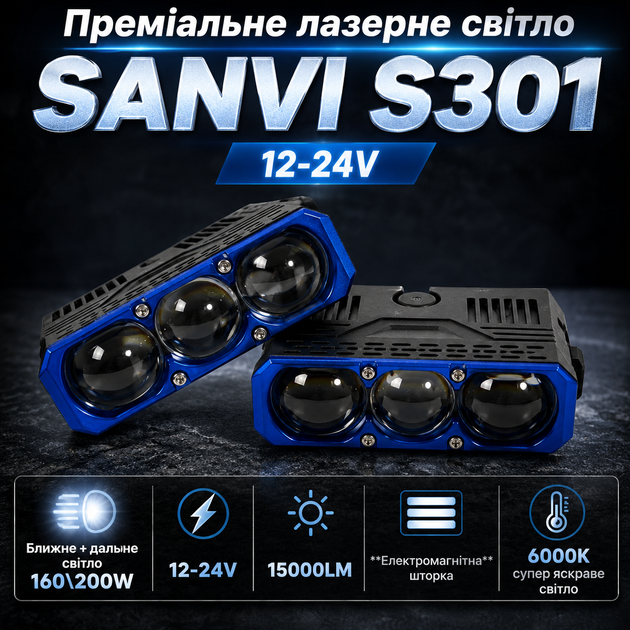 Bi-LED лінзи Sanvi S301 160/200W 6000K — протитуманні фари з ближнім і дальнім, 12–24V, електромагнітна шторка, яскраве світло - Фото 3 Bi-LED лінзи Sanvi S301 160/200W 6000K — протитуманні фари з ближнім і дальнім, 12–24V, електромагнітна шторка, яскраве світло - зображення 3