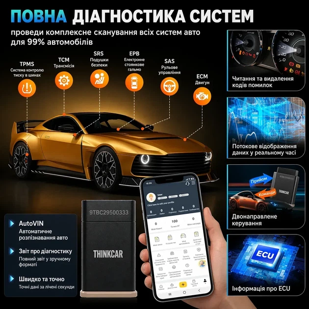 Автосканер Thinkcar D200 (Android/IOS, всі системи, 15 сервісних функцій, безстрокові оновлення, тести, CAN FD) - изображение 7