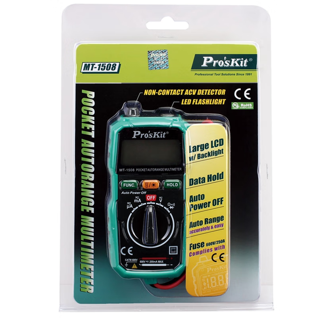 Pro'sKit MT-1508 Компактный карманный автоматический электроизмерительный прибор, вольтметр, цифровой мультиметр с ручным выбором диапазона. - Фото 8 Pro'sKit MT-1508 Компактный карманный автоматический электроизмерительный прибор, вольтметр, цифровой мультиметр с ручным выбором диапазона. - изображение 8