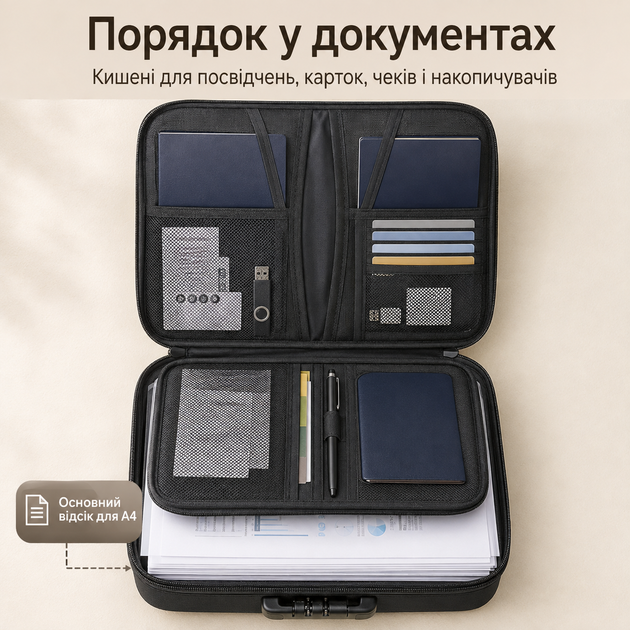 Органайзер-папка для документов А4 с 3-значным кодовым замком, водонепроницаемая, с отделениями для документов и гаджетов и креплением на чемодан, черная - изображение 4