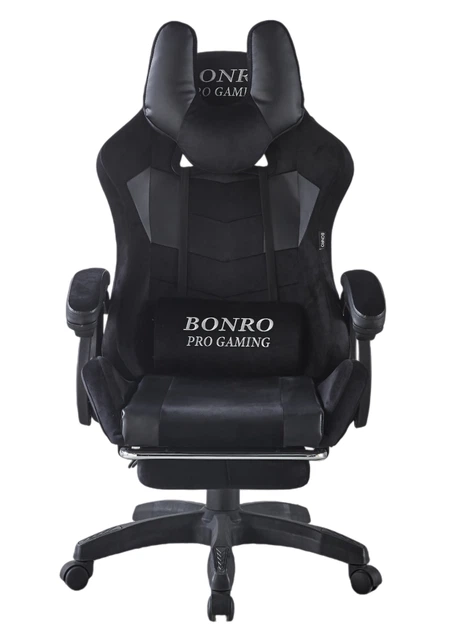 Кресло геймерское Bonro B-146 черно-серое из велюра и экокожи с выдвижной подставкой для ног эргономичное (125-76-42401050) - изображение 2