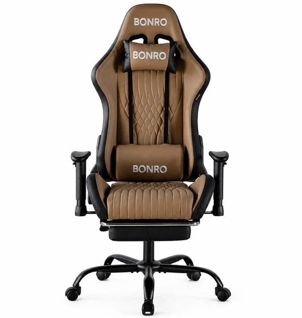 Кресло геймерское Bonro 1002G-1 коричневое из экокожи с выдвижной подставкой для ног и подушками (125-76-42401211) - изображение 3