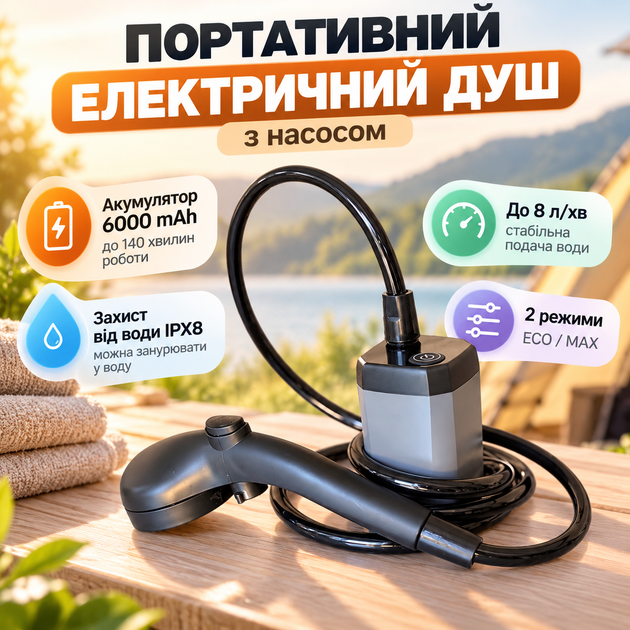 Польовий портативний душ MaxFlow 6000 mAh з насосом до 8 л/хв режимами ECO/MAX водозахистом IPX8 і роботою до 140 хв для походів кемпінгу риболовлі та умов без водопроводу - Фото 1 Польовий портативний душ MaxFlow 6000 mAh з насосом до 8 л/хв режимами ECO/MAX водозахистом IPX8 і роботою до 140 хв для походів кемпінгу риболовлі та умов без водопроводу - зображення 1