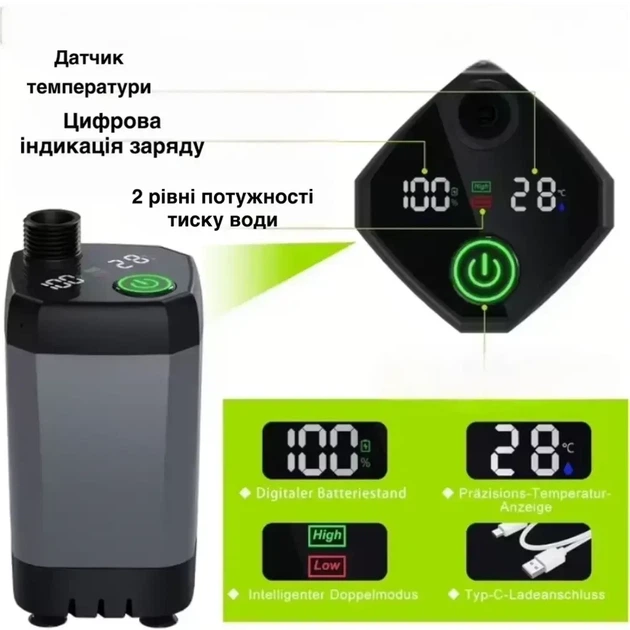Портативный электрический душ MaxFlow 6000 mAh с насосом до 8 л/мин режимами ECO/MAX водозащитой IPX8 для кемпинга походов дачи путешествий и отдыха на природе - изображение 2