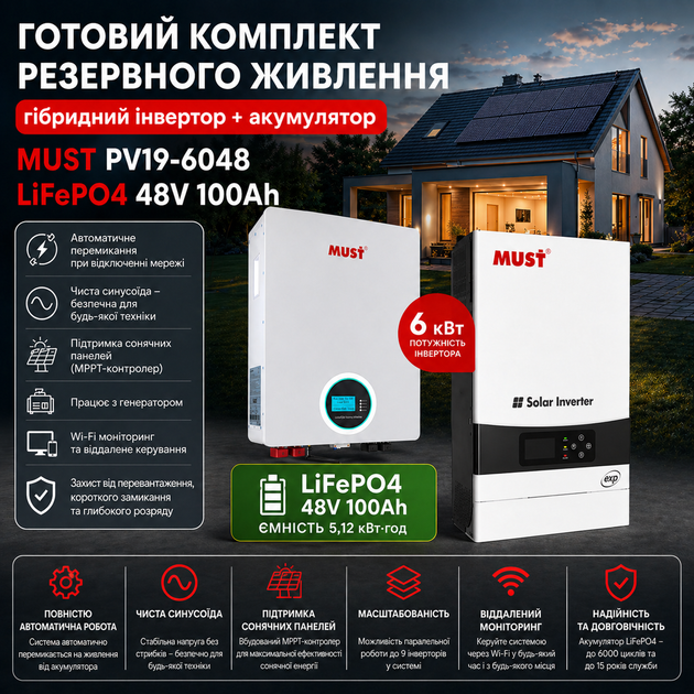 Комплект резервного питания 2в1 Гибридный инвертор MUST 6 кВт + LiFePO4 аккумулятор 48V 100Ah 5.12 кВт·ч инвертор для дома при отключении света - Фото 8 Комплект резервного питания 2в1 Гибридный инвертор MUST 6 кВт + LiFePO4 аккумулятор 48V 100Ah 5.12 кВт·ч инвертор для дома при отключении света - изображение 8