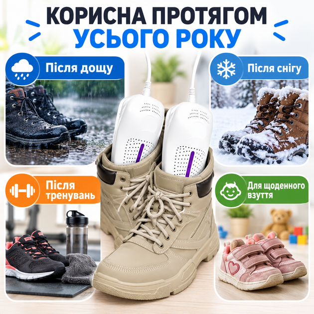 Електрична сушарка для взуття з УФ для кросівок черевиків бутс берц рукавичок дитячого 35–45 прилад сушіння портативна похідна - зображення 8