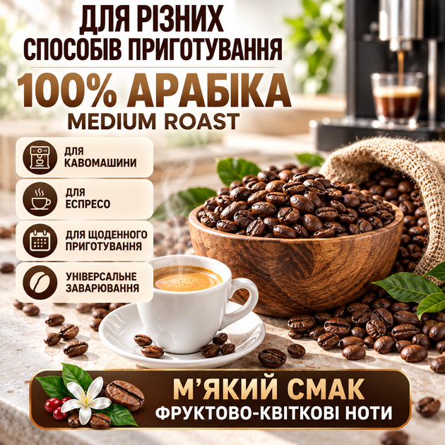 Зернова кава 100% арабіка 1,01 кг Medium Roast середнього обсмажування ароматна кава з м’яким фруктово-квітковим профілем легкою кислинкою для різних способів приготування - зображення 3