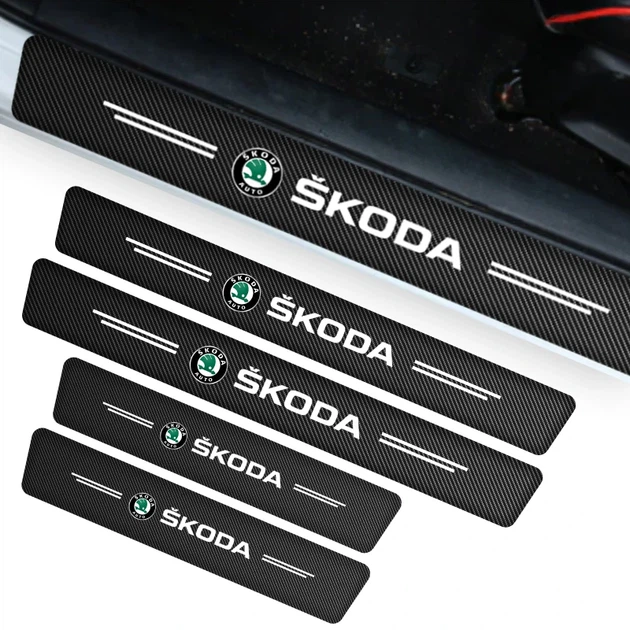 Накладки на пороги Skoda защитные карбоновые наклейки 4 шт чёрная плёнка с зелёной светоотражающей надписью для автомобиля против царапин износа сколов декоративная защита дверей 60х7 40х7 см - изображение 6