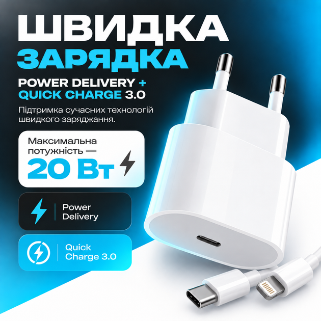 Швидка зарядка для айфона айпада комплект швидкої зарядки для Apple iPhone iPad зарядка для iPhone Мережевий зарядний пристрій Блок Type-C 20W USB-C Power Adapter Кабель зарядки Type-C to Lightning - зображення 4