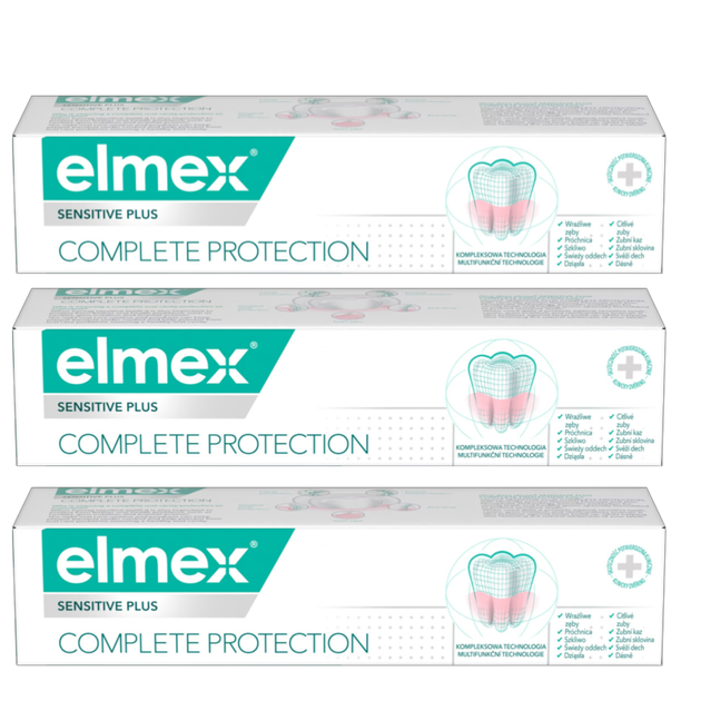 Zestaw past do zębów Elmex Sensitive Plus Complete Protection Tripack z fluorem 3 x 75 ml (8590232001125) - Zdjęcie 1 Zestaw past do zębów Elmex Sensitive Plus Complete Protection Tripack z fluorem 3 x 75 ml (8590232001125) - obraz 1