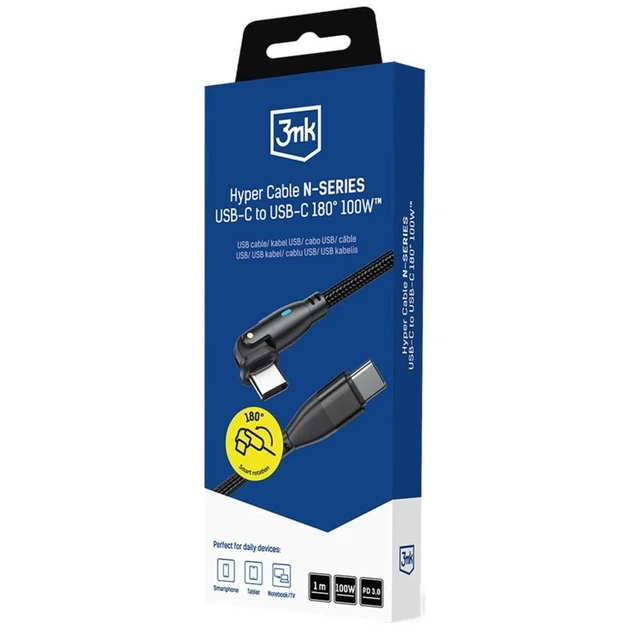 Кабель 3mk Hyper Cable N-Series USB-C / USB-C 1m PD 3.0 QC 3.0 20V/5A 100W Black (5903108758222) - Фото 4 Кабель 3mk Hyper Cable N-Series USB-C / USB-C 1m PD 3.0 QC 3.0 20V/5A 100W Black (5903108758222) - изображение 4